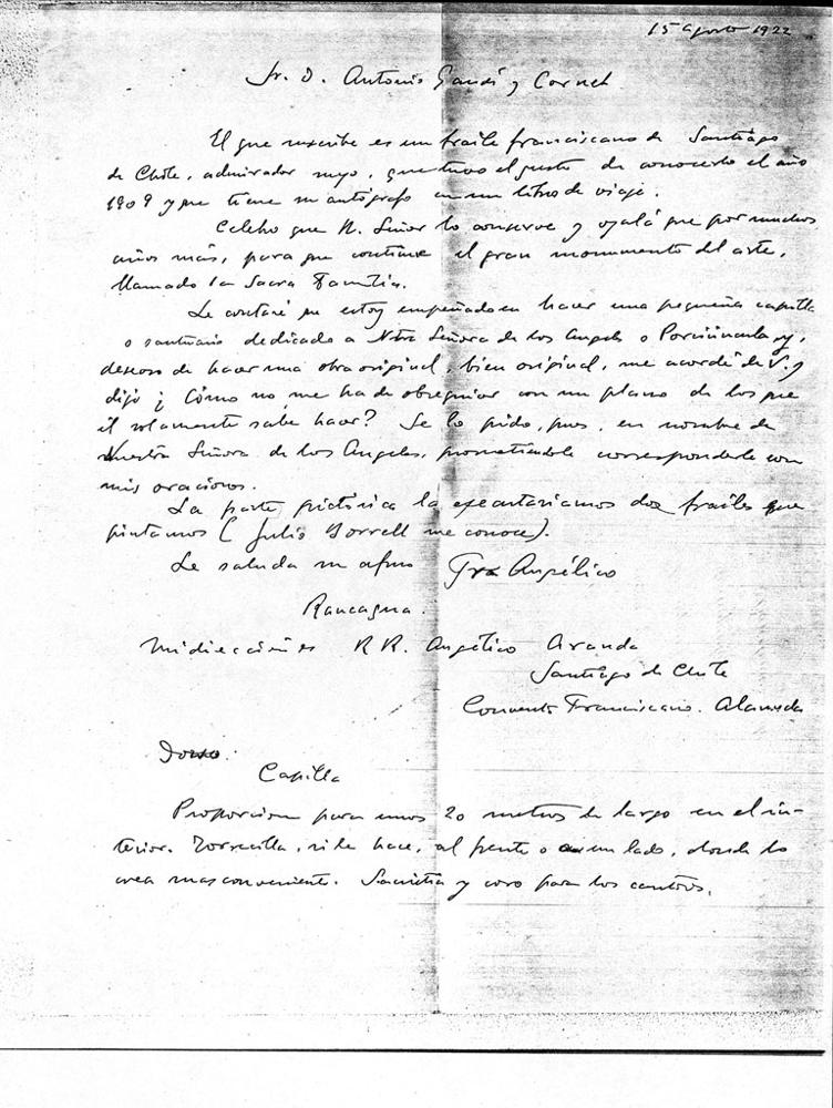 Carta manuscrita de fray Angélico Aranda a Antoni Gaudí, 15 de agosto de 1922